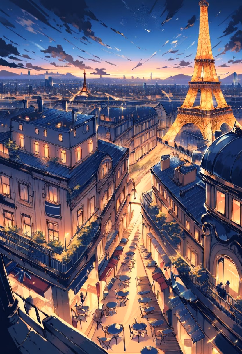 Paris Rooftop Evening — view 5 — paris rooftop view, eiffel tower distant, warm evening light, cafe terrace, romantic, travel, detailed city skyline, mas