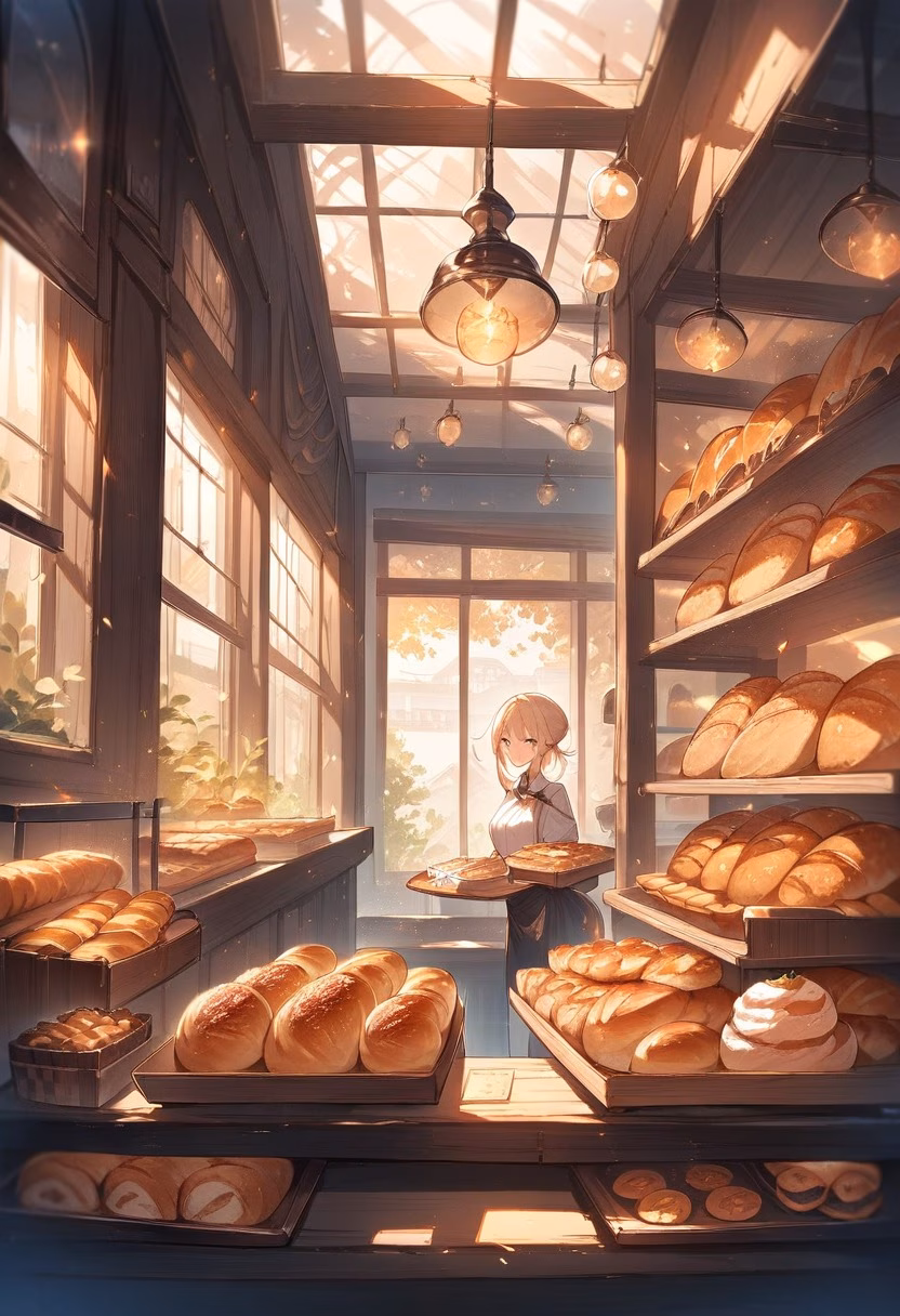 Fresh Bakery Window — view 2 — bakery window display, fresh bread, pastries, warm lighting, cozy shop, morning, food, inviting, detailed textures, mast