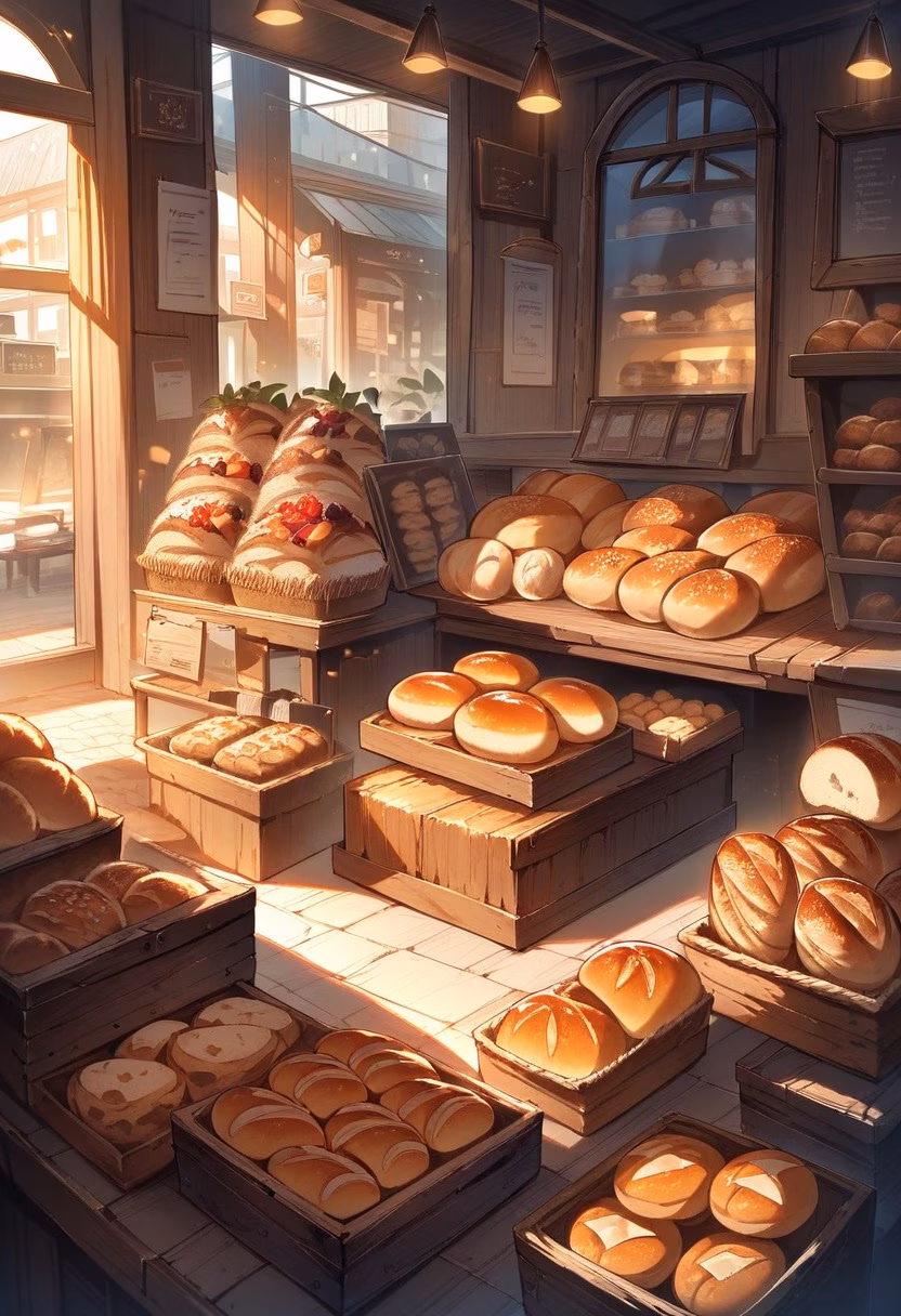 Fresh Bakery Window — view 3 — bakery window display, fresh bread, pastries, warm lighting, cozy shop, morning, food, inviting, detailed textures, mast