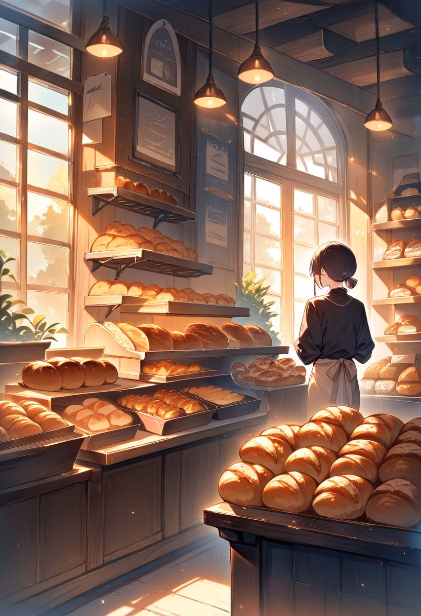 Fresh Bakery Window — view 4 — bakery window display, fresh bread, pastries, warm lighting, cozy shop, morning, food, inviting, detailed textures, mast