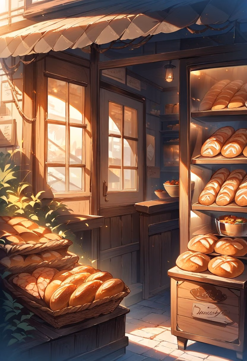 Fresh Bakery Window — view 5 — bakery window display, fresh bread, pastries, warm lighting, cozy shop, morning, food, inviting, detailed textures, mast