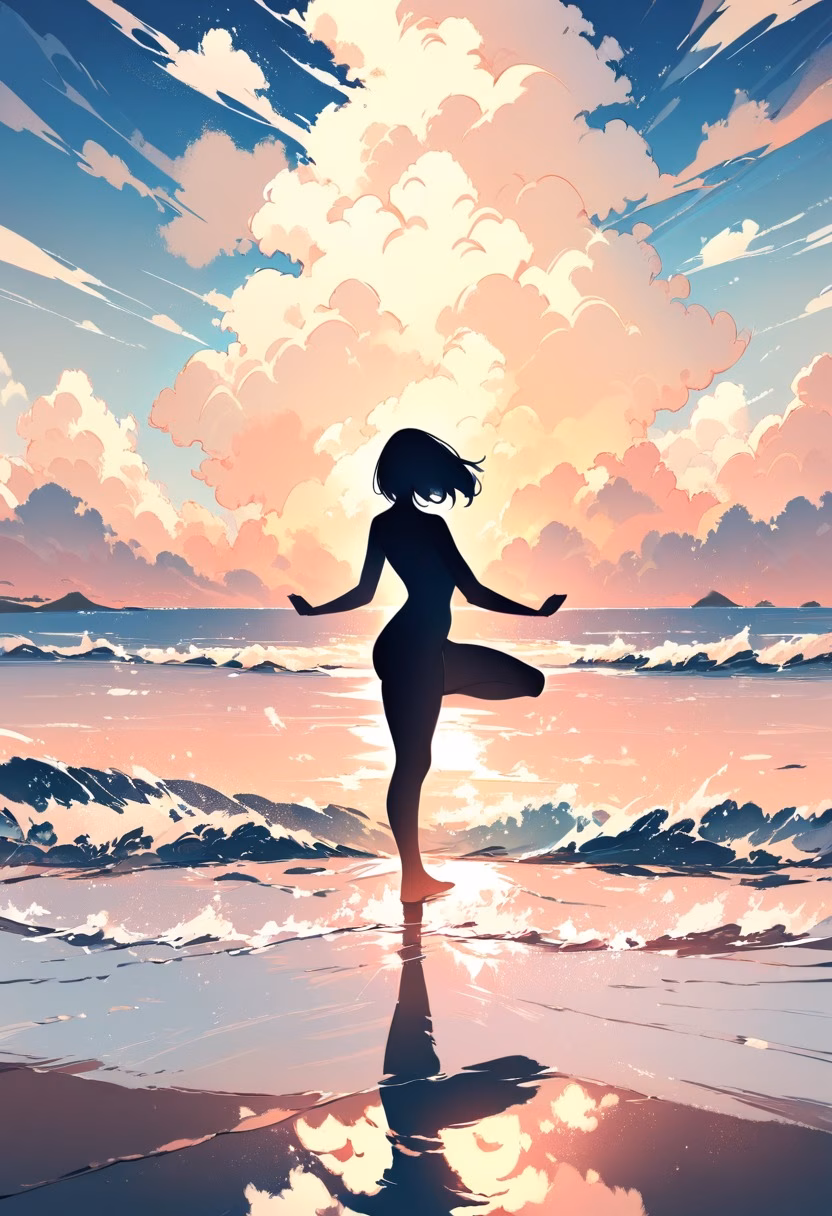 Sunrise Beach Yoga — view 1 — yoga session, sunrise on beach, silhouette pose, calm ocean, morning meditation, wellness, lifestyle, detailed sky gradi