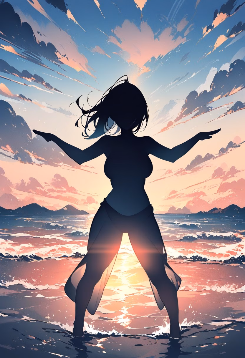 Sunrise Beach Yoga — view 2 — yoga session, sunrise on beach, silhouette pose, calm ocean, morning meditation, wellness, lifestyle, detailed sky gradi