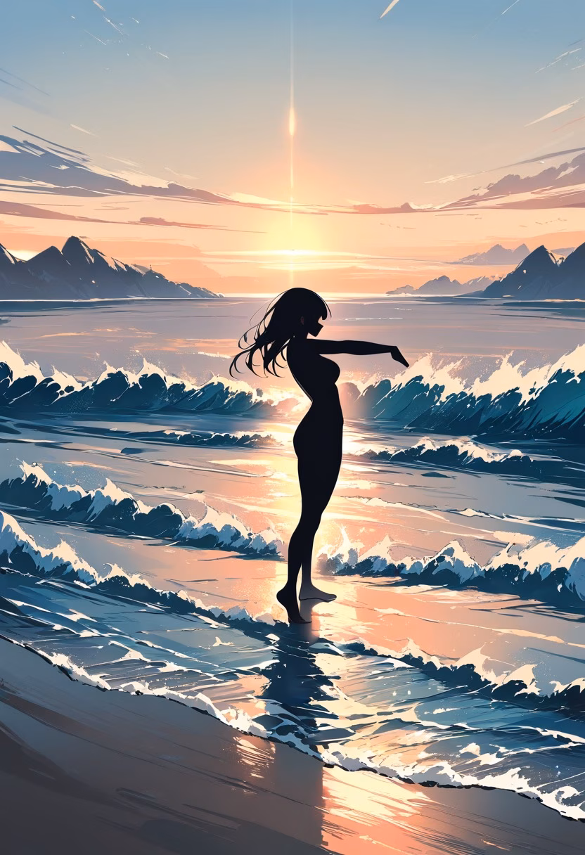 Sunrise Beach Yoga — view 3 — yoga session, sunrise on beach, silhouette pose, calm ocean, morning meditation, wellness, lifestyle, detailed sky gradi