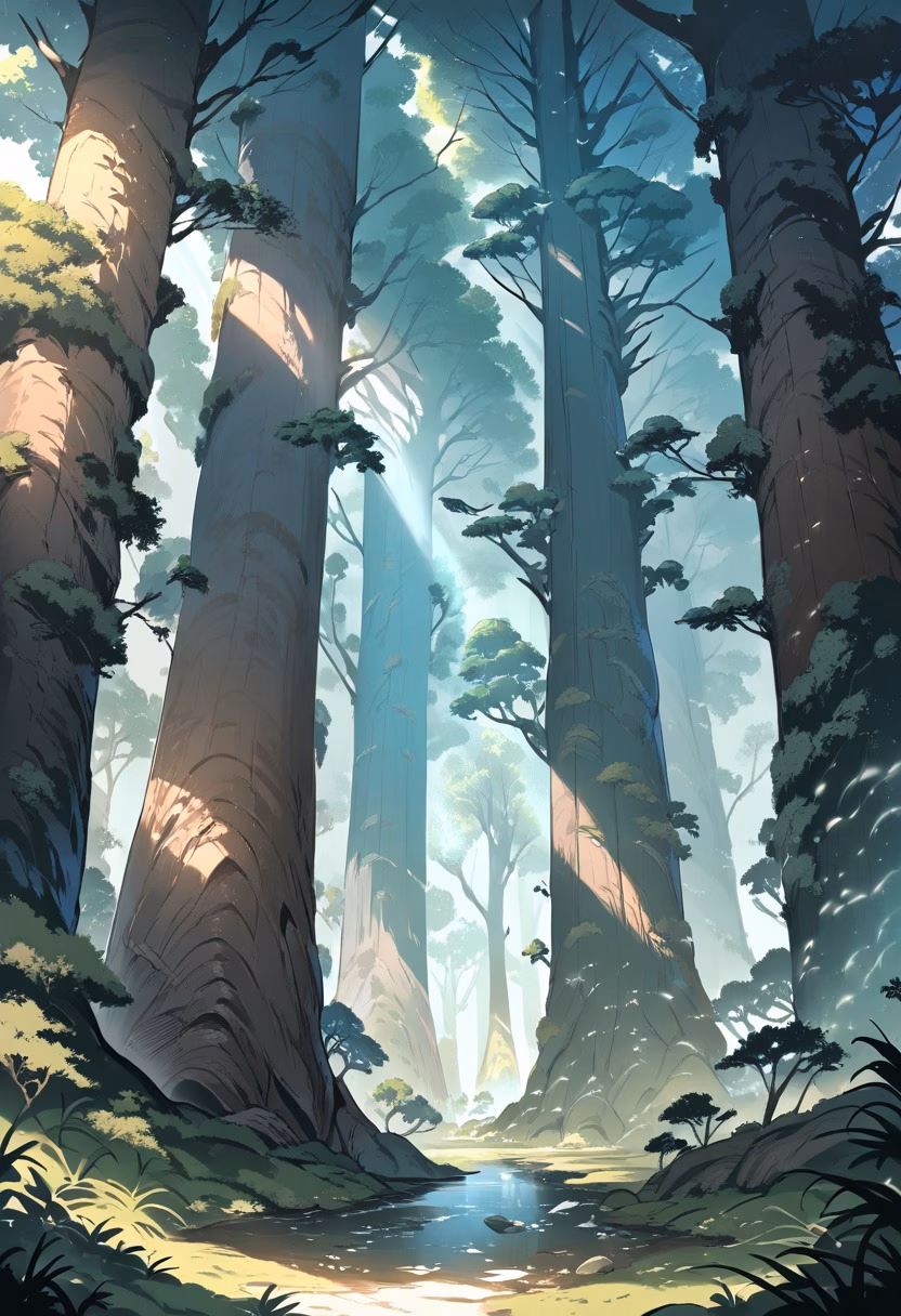 Ancient Sequoia Grove — view 1 — giant sequoia grove, towering redwoods, sunlight filtering down, ferns on forest floor, ancient trees, scale, nature, de