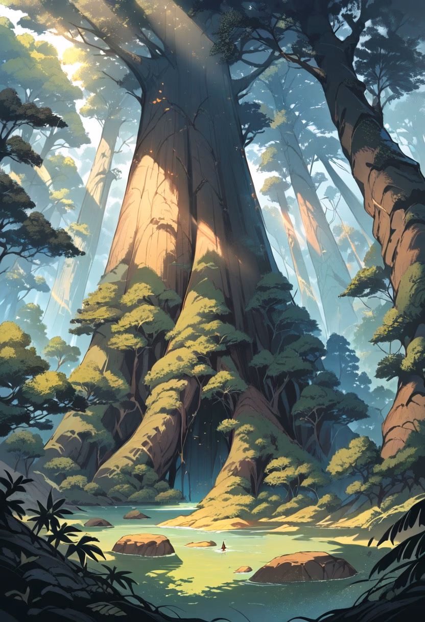Ancient Sequoia Grove — view 2 — giant sequoia grove, towering redwoods, sunlight filtering down, ferns on forest floor, ancient trees, scale, nature, de