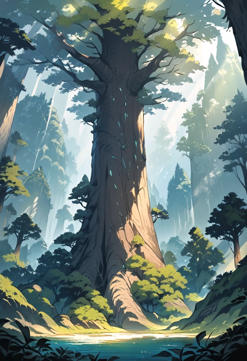 Ancient Sequoia Grove — view 3 — giant sequoia grove, towering redwoods, sunlight filtering down, ferns on forest floor, ancient trees, scale, nature, de