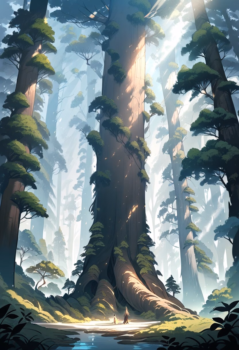 Ancient Sequoia Grove — view 4 — giant sequoia grove, towering redwoods, sunlight filtering down, ferns on forest floor, ancient trees, scale, nature, de