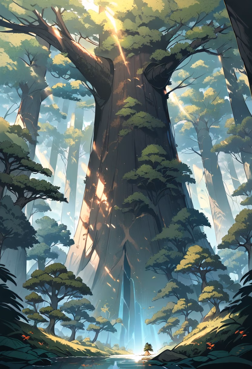 Ancient Sequoia Grove — view 5 — giant sequoia grove, towering redwoods, sunlight filtering down, ferns on forest floor, ancient trees, scale, nature, de