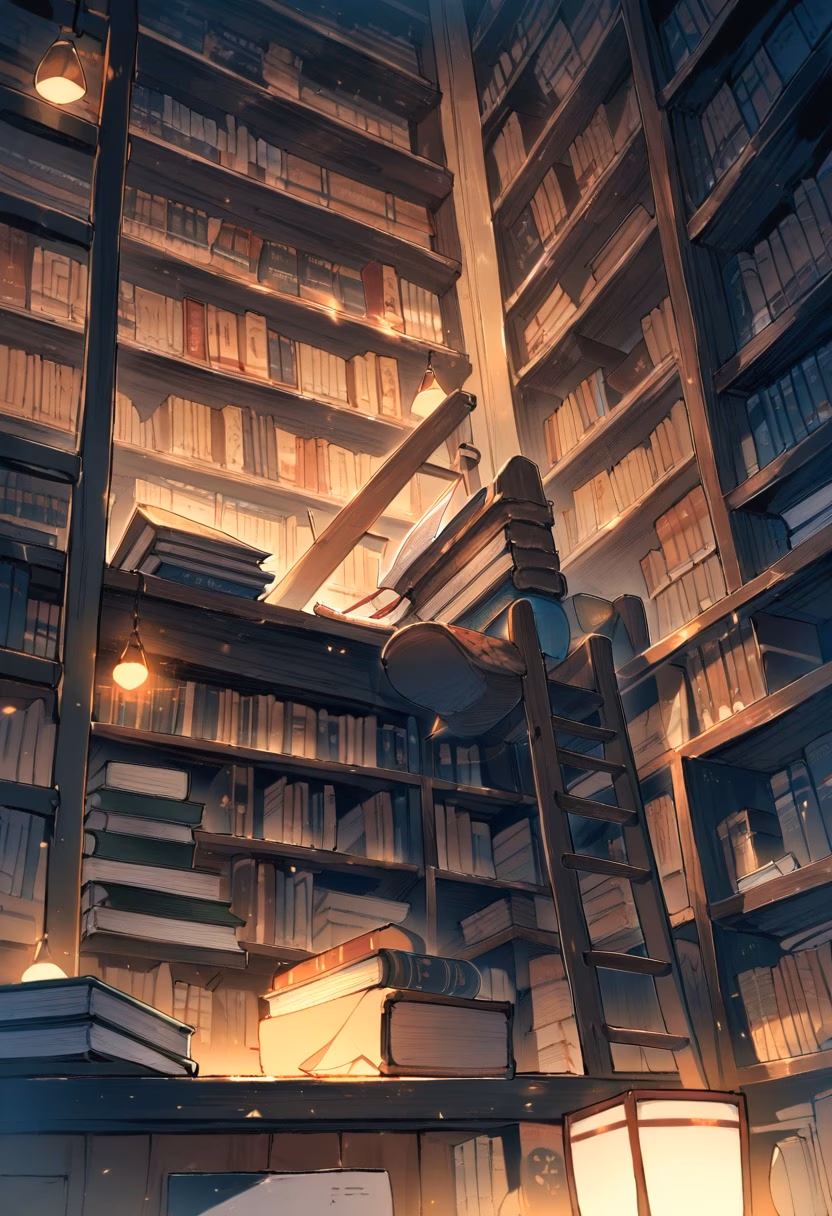Cozy Bookstore Aisle — view 1 — bookstore aisle, tall shelves, warm lighting, ladder, reading corner, cozy atmosphere, lifestyle, detailed book spines, 
