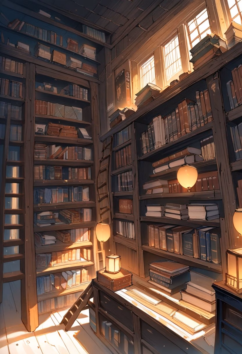 Cozy Bookstore Aisle — view 2 — bookstore aisle, tall shelves, warm lighting, ladder, reading corner, cozy atmosphere, lifestyle, detailed book spines,