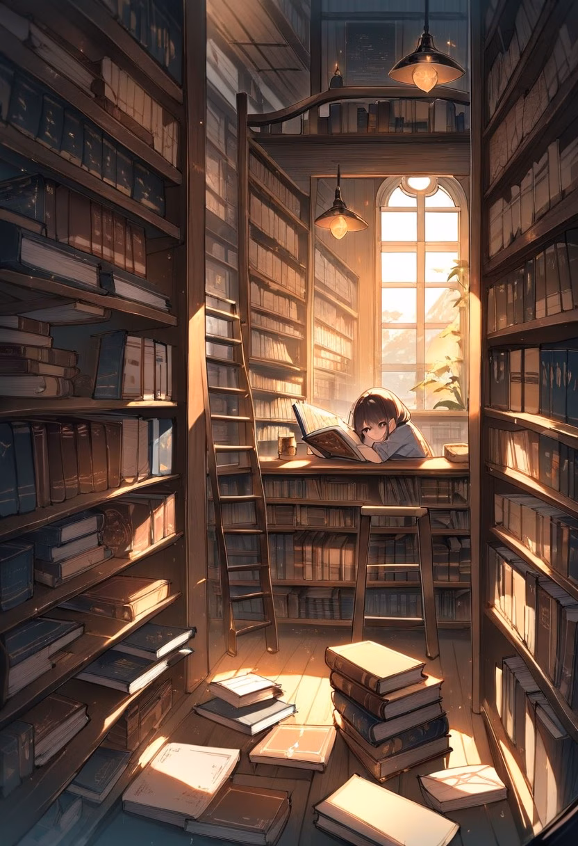Cozy Bookstore Aisle — view 3 — bookstore aisle, tall shelves, warm lighting, ladder, reading corner, cozy atmosphere, lifestyle, detailed book spines,