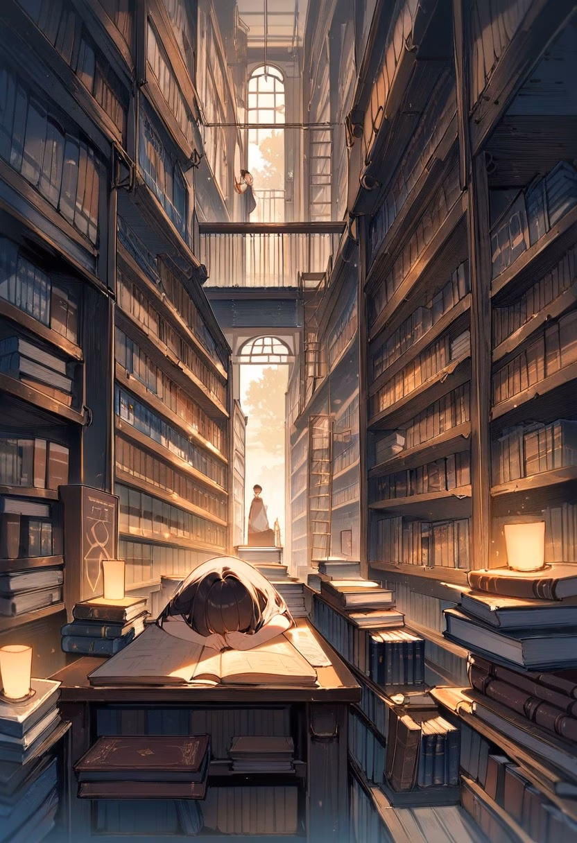 Cozy Bookstore Aisle — view 4 — bookstore aisle, tall shelves, warm lighting, ladder, reading corner, cozy atmosphere, lifestyle, detailed book spines,