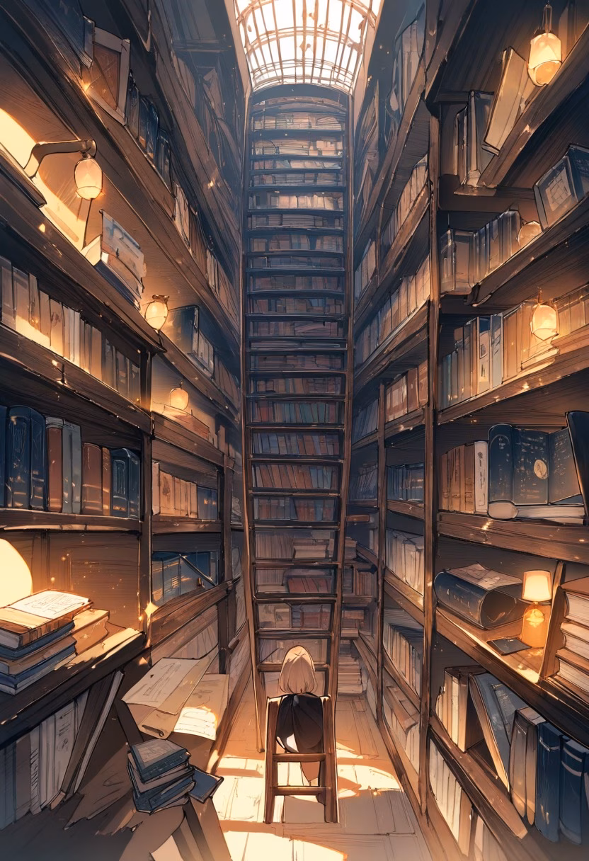Cozy Bookstore Aisle — view 5 — bookstore aisle, tall shelves, warm lighting, ladder, reading corner, cozy atmosphere, lifestyle, detailed book spines, 