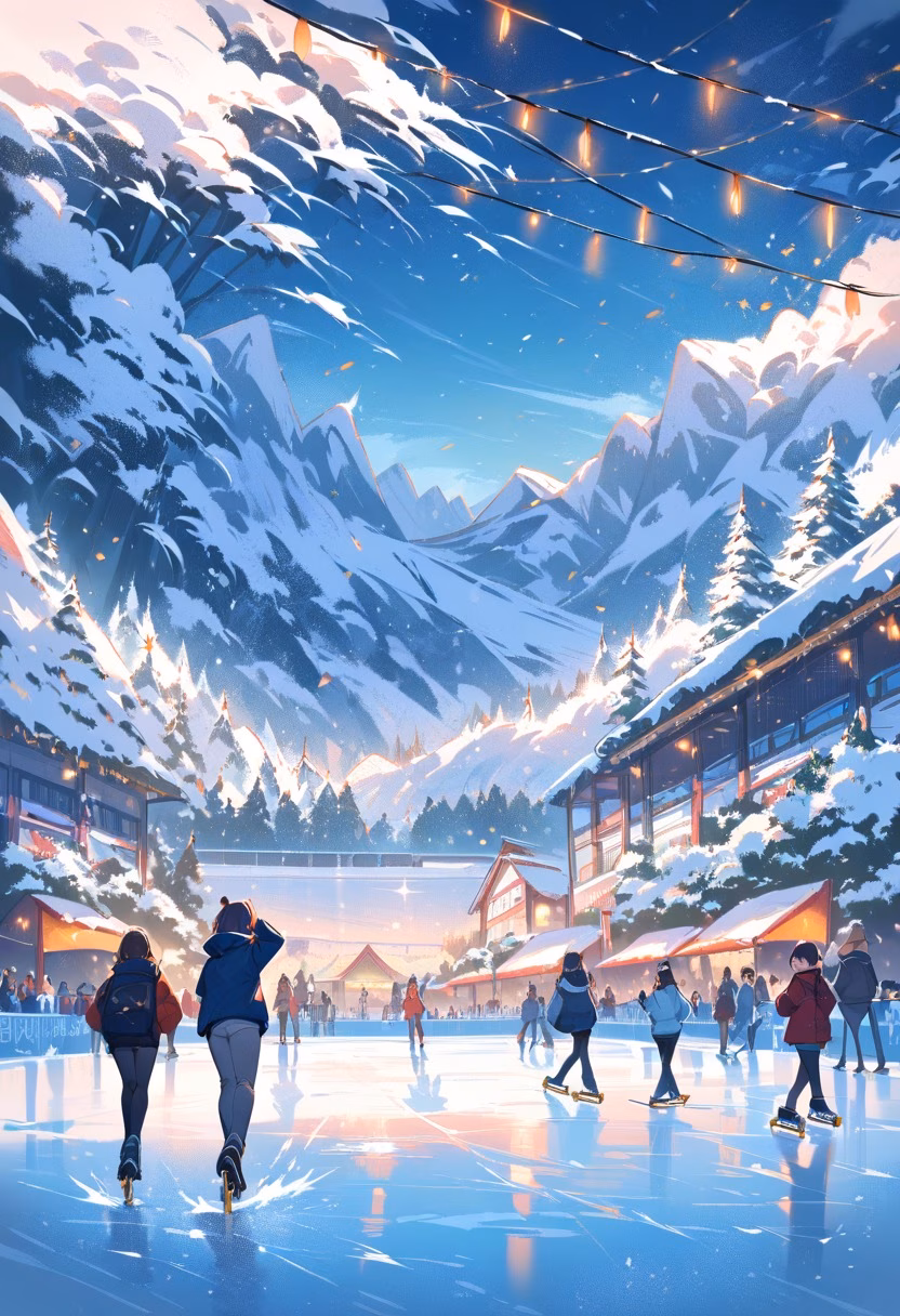 Winter Ice Skating Rink — view 1 — ice skating rink, winter park, string lights, snow falling, people skating, festive, lifestyle, detailed ice texture, ma