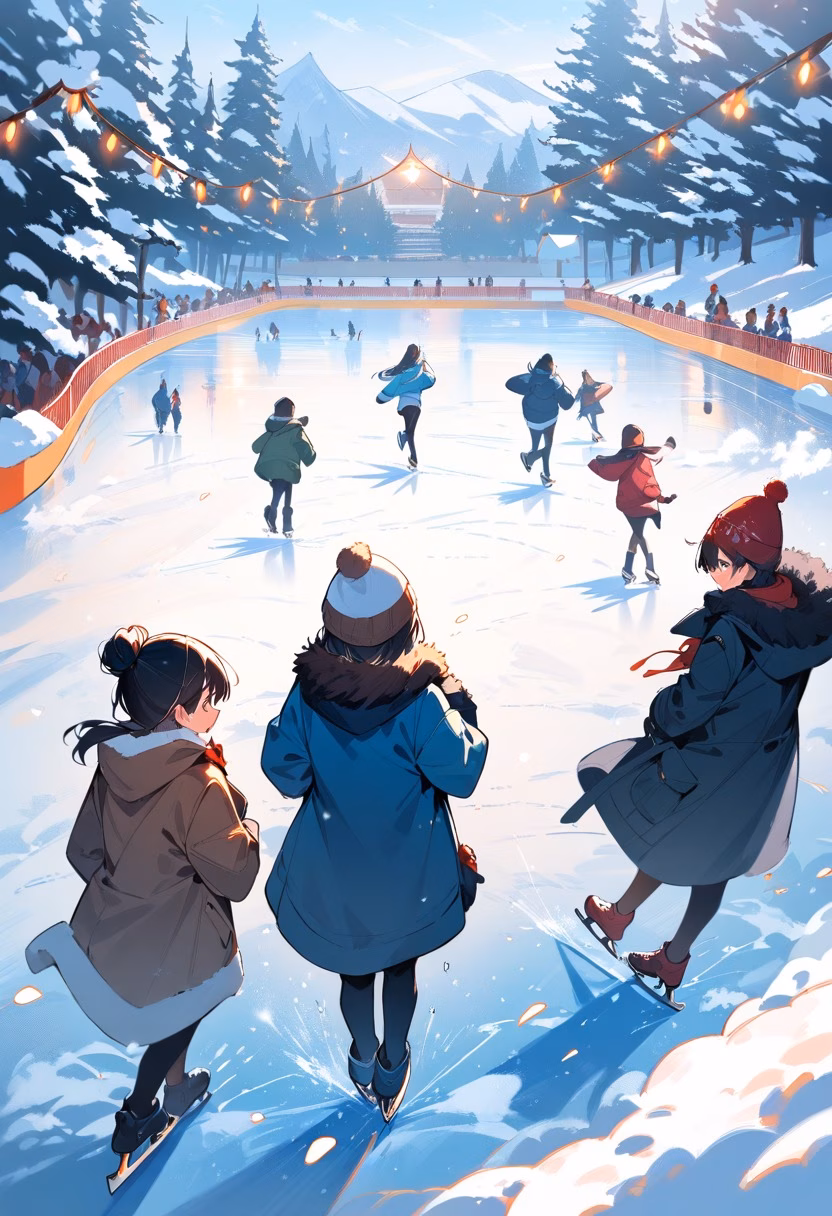 Winter Ice Skating Rink — view 2 — ice skating rink, winter park, string lights, snow falling, people skating, festive, lifestyle, detailed ice texture, ma