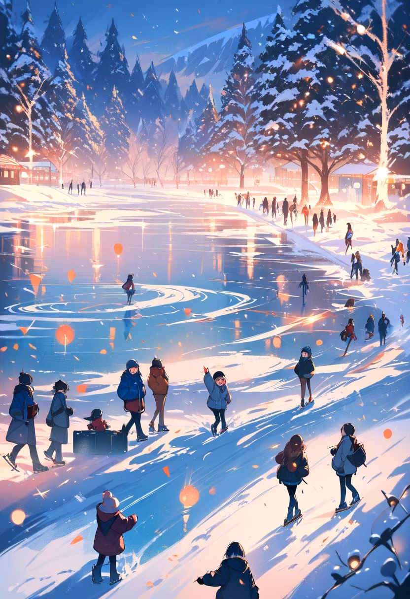 Winter Ice Skating Rink — view 3 — ice skating rink, winter park, string lights, snow falling, people skating, festive, lifestyle, detailed ice texture, ma
