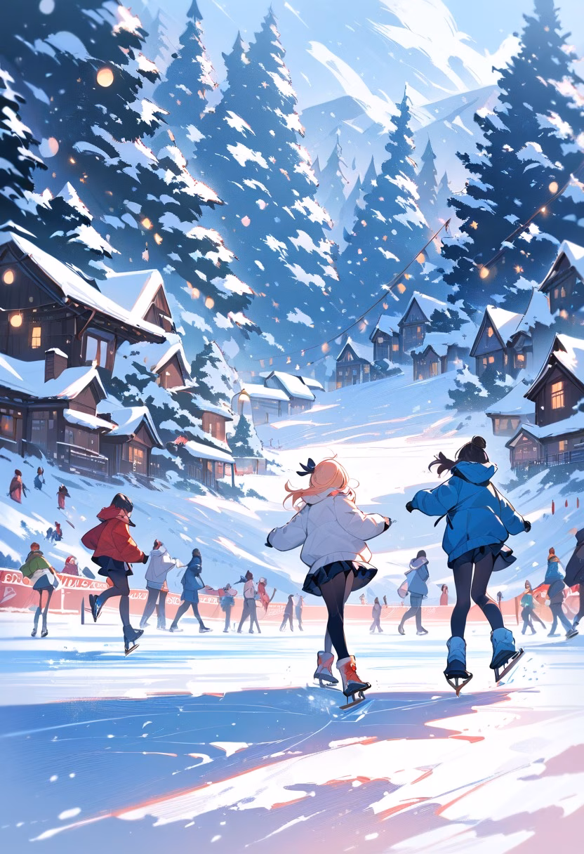 Winter Ice Skating Rink — view 4 — ice skating rink, winter park, string lights, snow falling, people skating, festive, lifestyle, detailed ice texture, ma