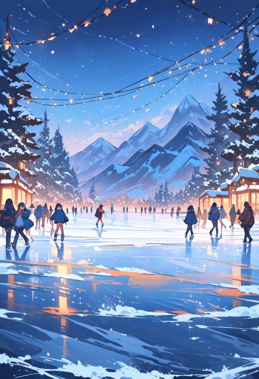 Winter Ice Skating Rink — view 5 — ice skating rink, winter park, string lights, snow falling, people skating, festive, lifestyle, detailed ice texture, ma