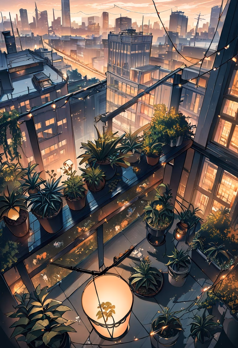 Urban Rooftop Garden — view 1 — rooftop garden, city skyline backdrop, string lights, potted plants, evening gathering, urban lifestyle, detailed plants