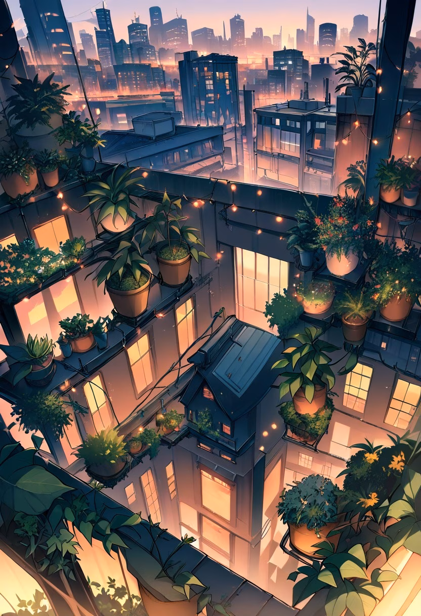 Urban Rooftop Garden — view 2 — rooftop garden, city skyline backdrop, string lights, potted plants, evening gathering, urban lifestyle, detailed plants