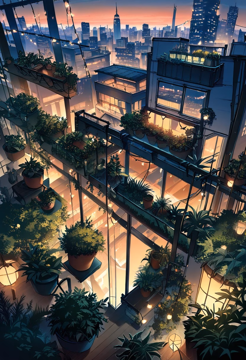 Urban Rooftop Garden — view 3 — rooftop garden, city skyline backdrop, string lights, potted plants, evening gathering, urban lifestyle, detailed plants
