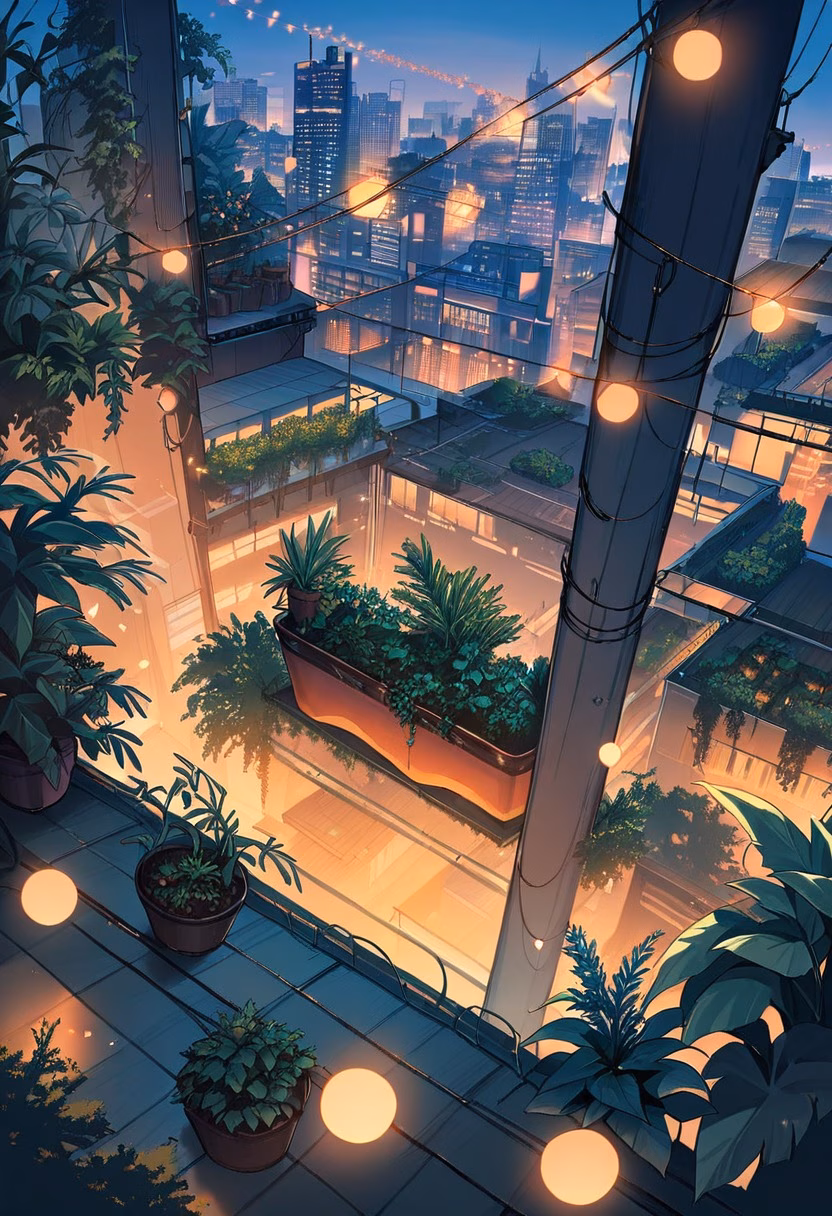 Urban Rooftop Garden — view 4 — rooftop garden, city skyline backdrop, string lights, potted plants, evening gathering, urban lifestyle, detailed plants