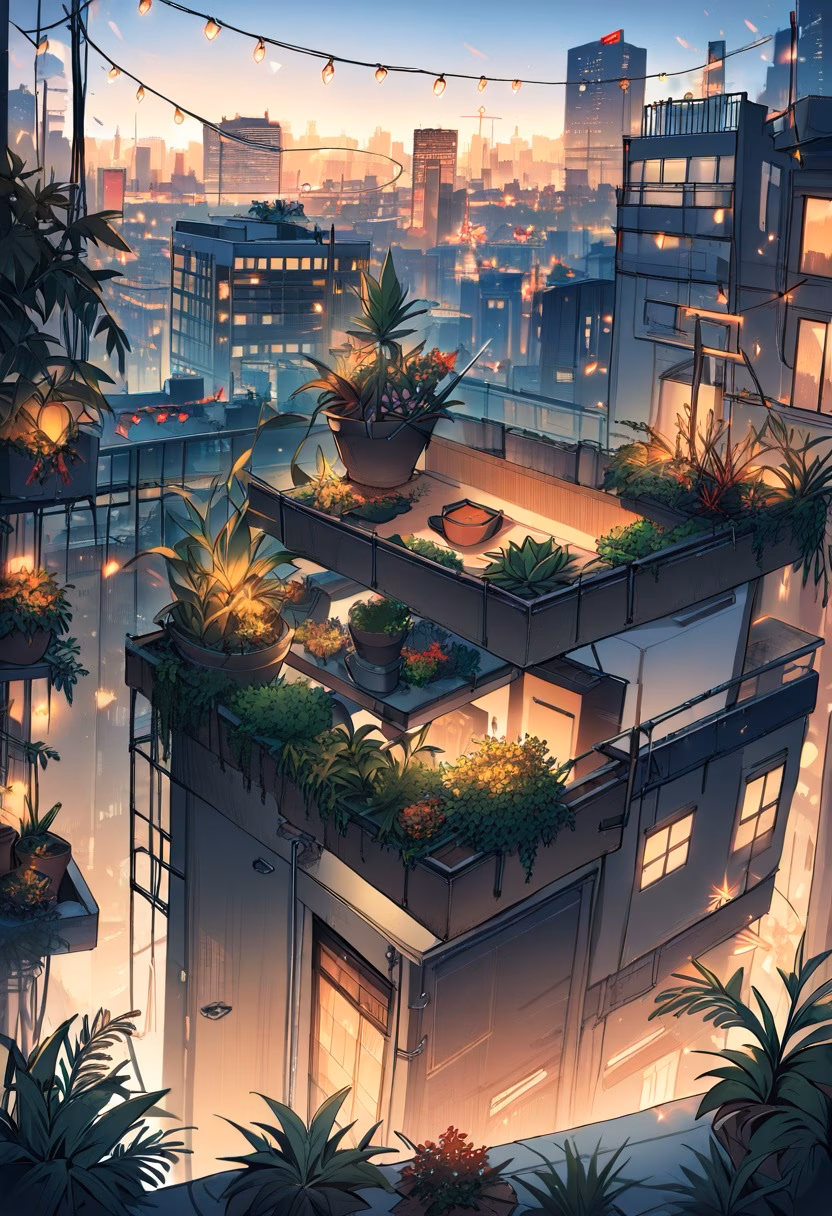 Urban Rooftop Garden — view 5 — rooftop garden, city skyline backdrop, string lights, potted plants, evening gathering, urban lifestyle, detailed plants