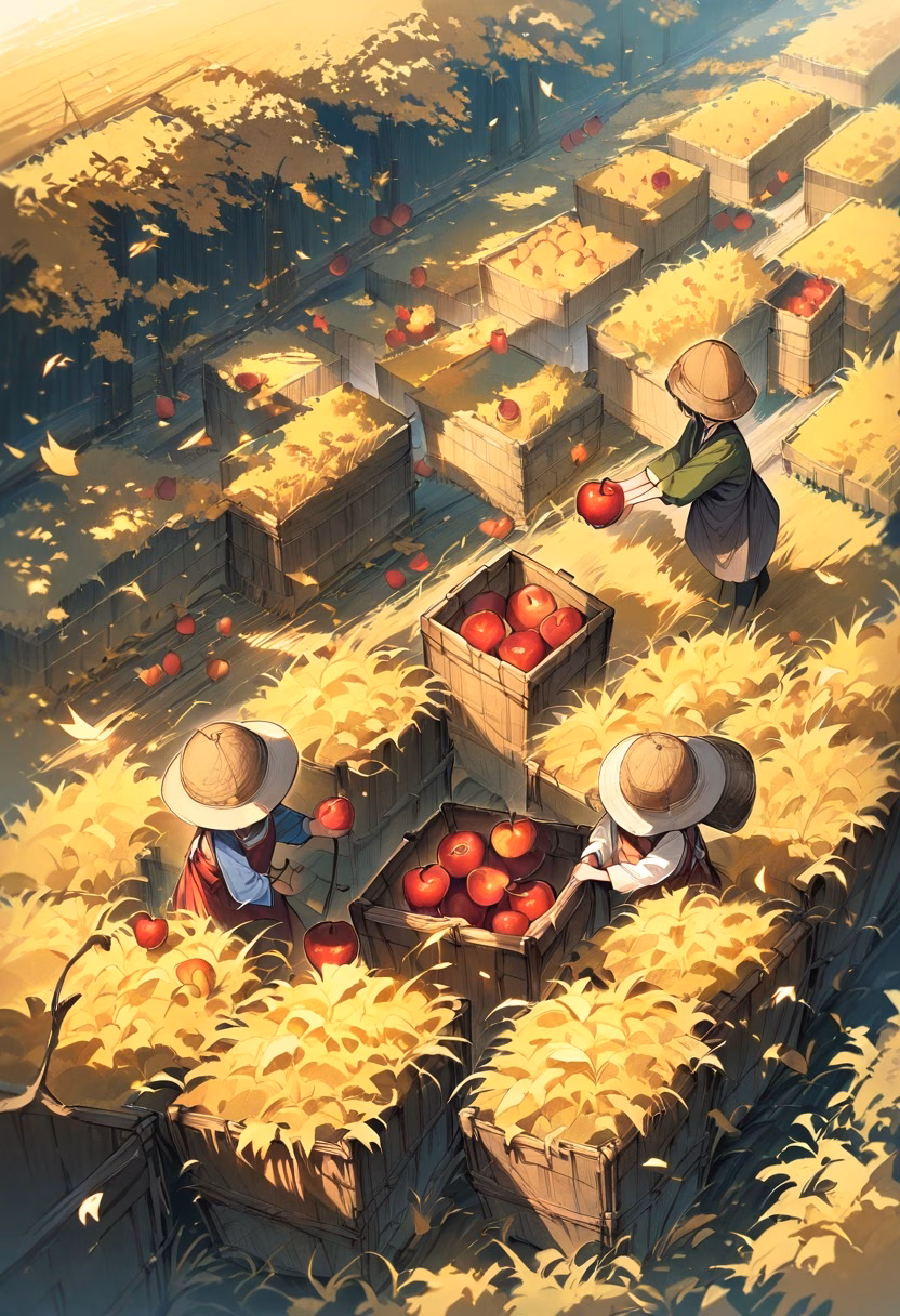 Apple Orchard Harvest — view 1 — farmers picking apples, orchard rows, autumn day, wooden baskets, rural life, harvest season, detailed apple textures, m
