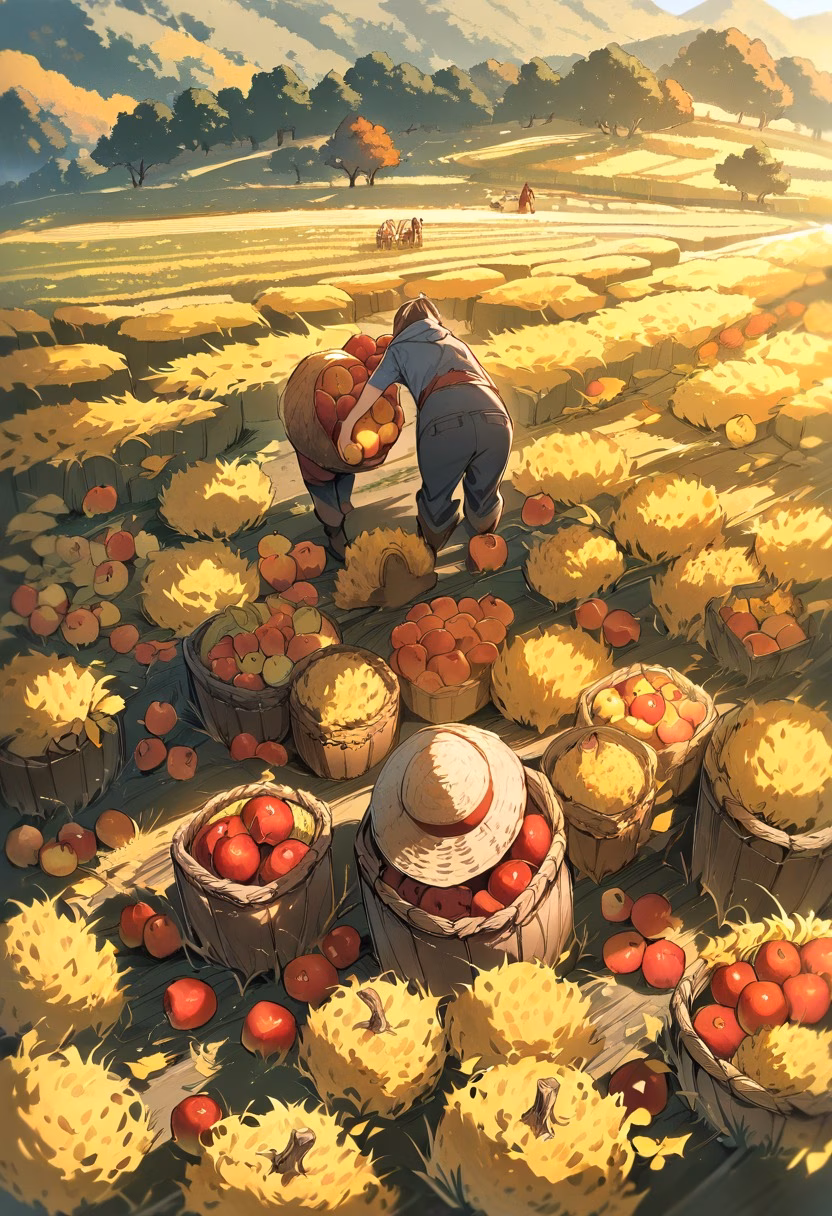 Apple Orchard Harvest — view 2 — farmers picking apples, orchard rows, autumn day, wooden baskets, rural life, harvest season, detailed apple textures, m