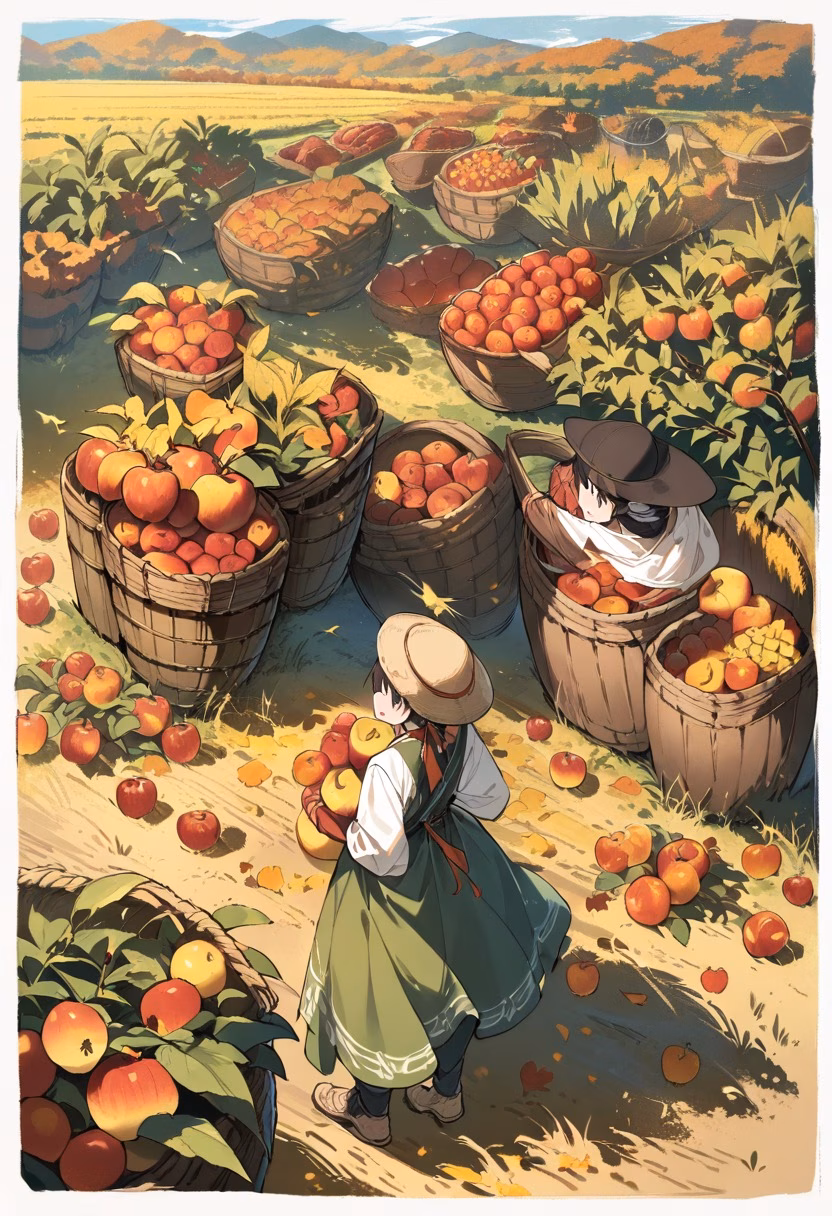 Apple Orchard Harvest — view 3 — farmers picking apples, orchard rows, autumn day, wooden baskets, rural life, harvest season, detailed apple textures, m