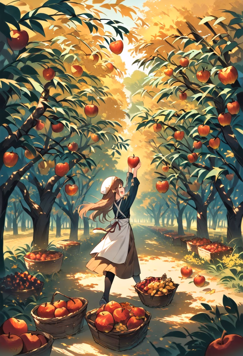 Apple Orchard Harvest — view 4 — farmers picking apples, orchard rows, autumn day, wooden baskets, rural life, harvest season, detailed apple textures, m
