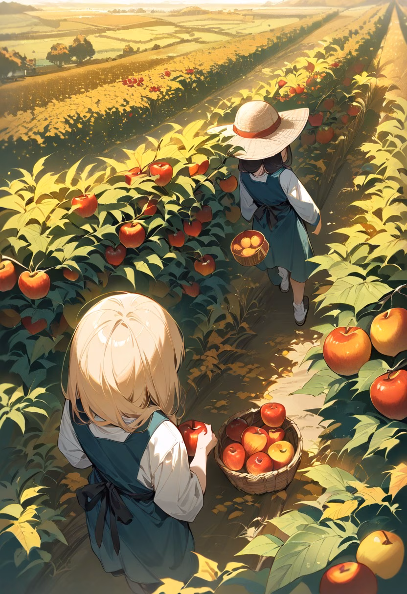 Apple Orchard Harvest — view 5 — farmers picking apples, orchard rows, autumn day, wooden baskets, rural life, harvest season, detailed apple textures, m