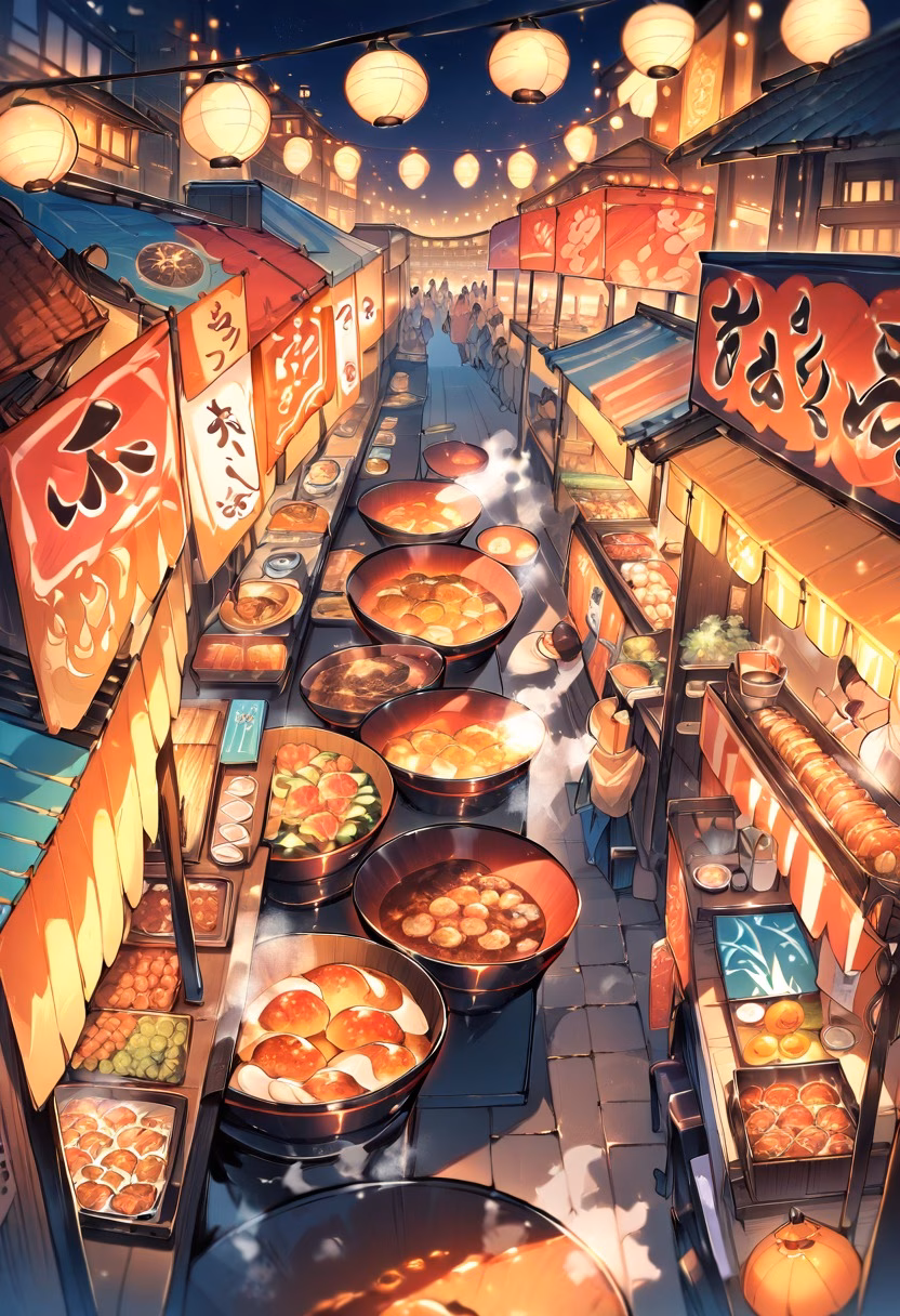 Vibrant Night Market — view 1 — night market food stalls, string lights, steam rising, crowd, street food, vibrant colors, lifestyle, detailed food text