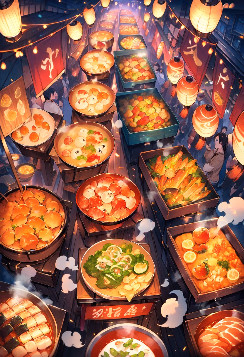 Vibrant Night Market — view 2 — night market food stalls, string lights, steam rising, crowd, street food, vibrant colors, lifestyle, detailed food text