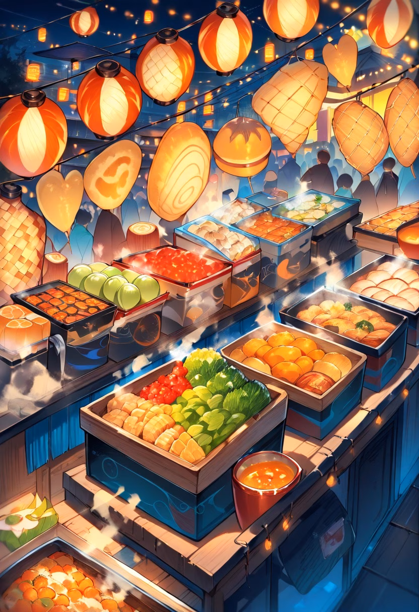 Vibrant Night Market — view 3 — night market food stalls, string lights, steam rising, crowd, street food, vibrant colors, lifestyle, detailed food text