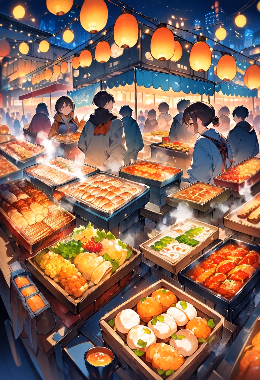 Vibrant Night Market — view 4 — night market food stalls, string lights, steam rising, crowd, street food, vibrant colors, lifestyle, detailed food text