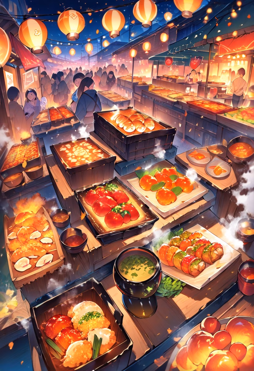 Vibrant Night Market — view 5 — night market food stalls, string lights, steam rising, crowd, street food, vibrant colors, lifestyle, detailed food text