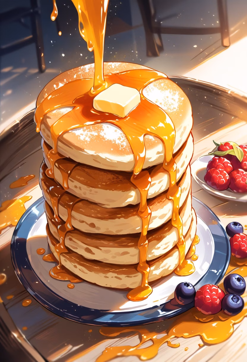 Stack of Maple Pancakes — view 2 — stack of pancakes, maple syrup drizzle, butter melting, berries, breakfast table, morning light, food, detailed syrup dr