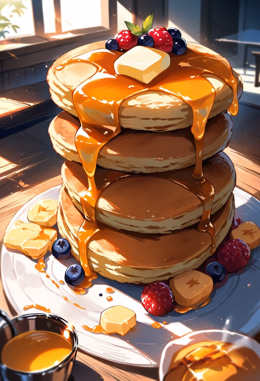 Stack of Maple Pancakes — view 3 — stack of pancakes, maple syrup drizzle, butter melting, berries, breakfast table, morning light, food, detailed syrup dr
