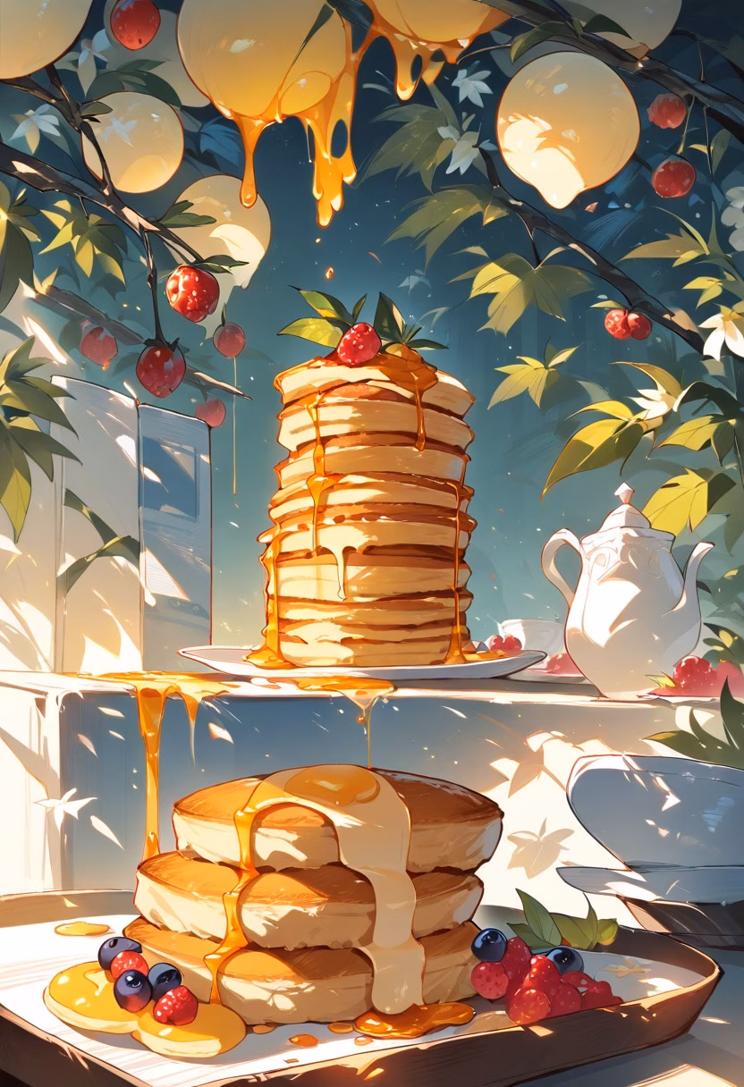 Stack of Maple Pancakes — view 4 — stack of pancakes, maple syrup drizzle, butter melting, berries, breakfast table, morning light, food, detailed syrup dr