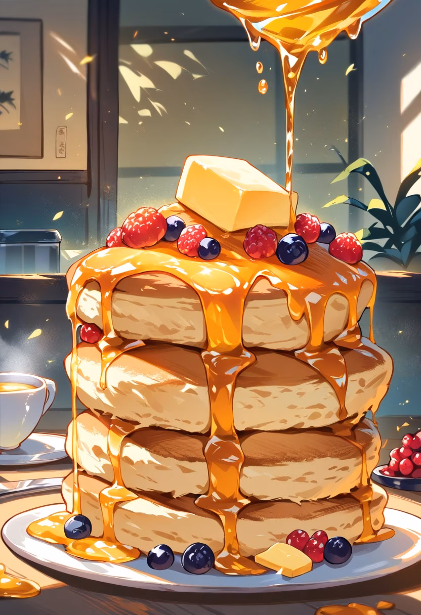 Stack of Maple Pancakes — view 5 — stack of pancakes, maple syrup drizzle, butter melting, berries, breakfast table, morning light, food, detailed syrup dr