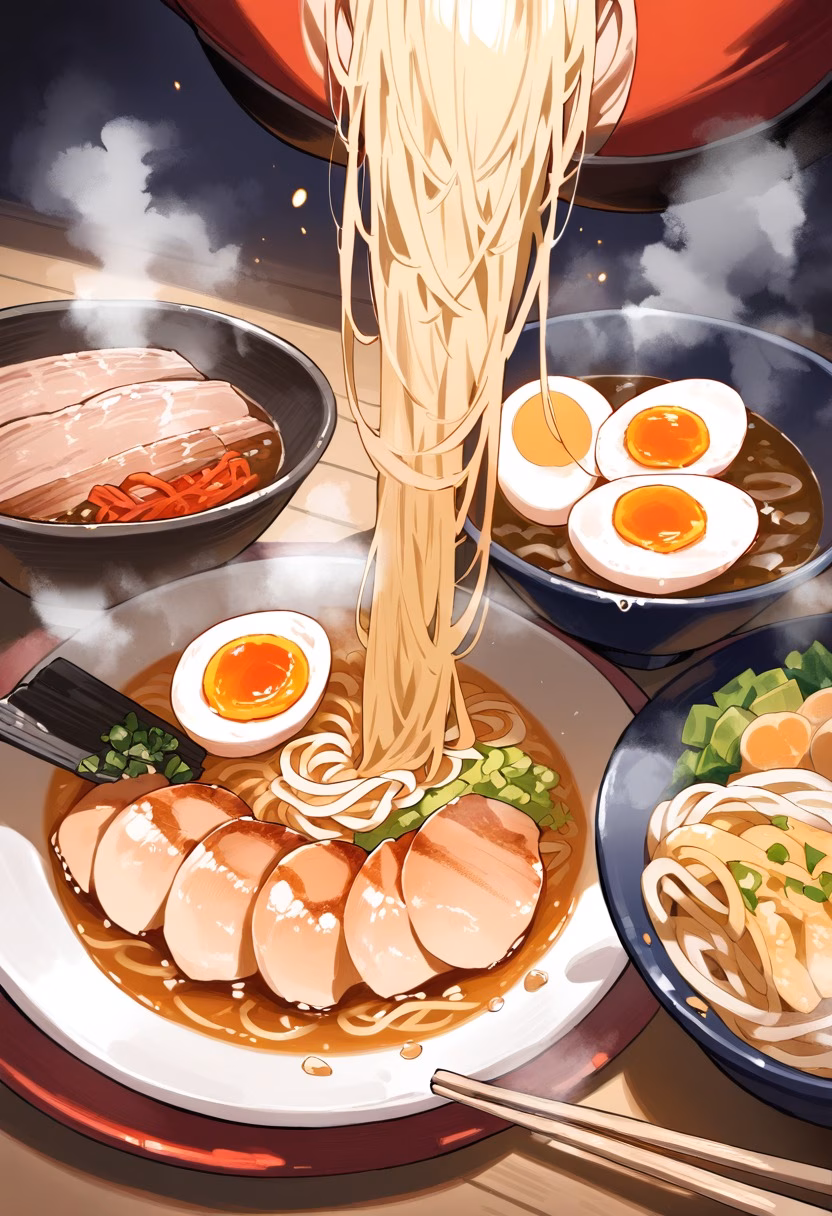 Steaming Bowl of Ramen — view 1 — ramen bowl, steaming broth, noodles, soft boiled egg, chashu pork, chopsticks, japanese food, detailed steam, masterpiec