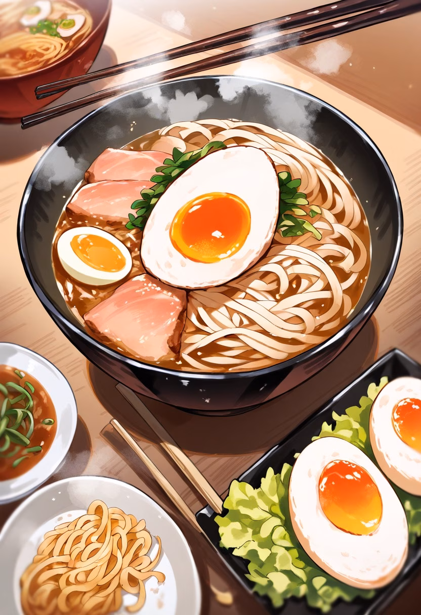 Steaming Bowl of Ramen — view 2 — ramen bowl, steaming broth, noodles, soft boiled egg, chashu pork, chopsticks, japanese food, detailed steam, masterpiec