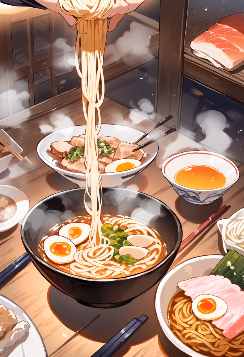 Steaming Bowl of Ramen — view 3 — ramen bowl, steaming broth, noodles, soft boiled egg, chashu pork, chopsticks, japanese food, detailed steam, masterpiec