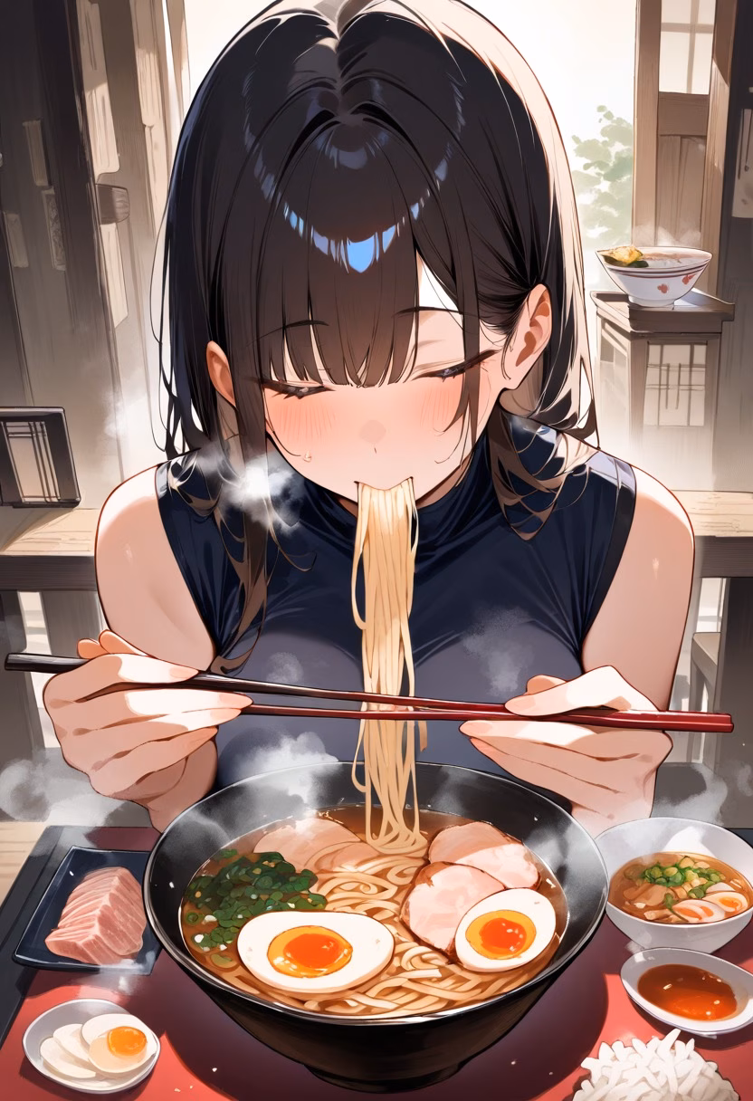 Steaming Bowl of Ramen — view 4 — ramen bowl, steaming broth, noodles, soft boiled egg, chashu pork, chopsticks, japanese food, detailed steam, masterpiec