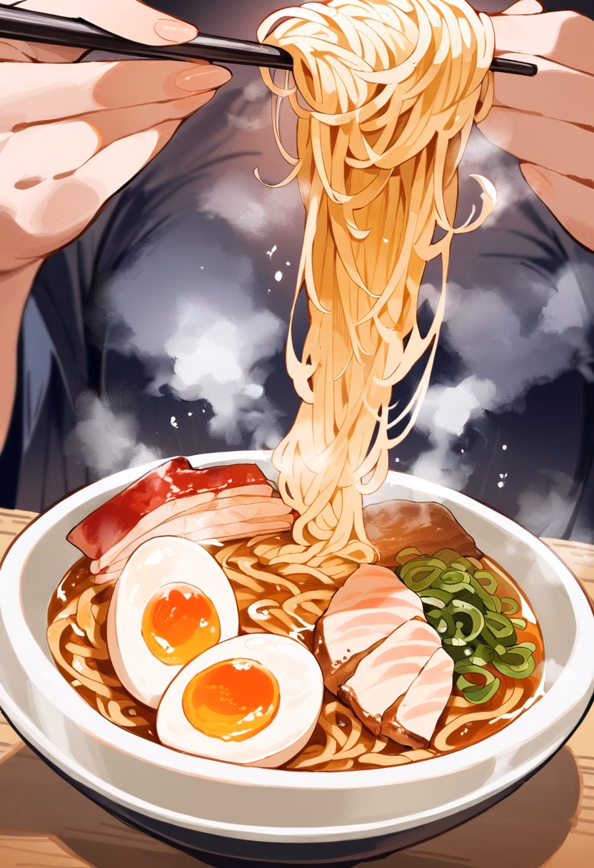 Steaming Bowl of Ramen — view 5 — ramen bowl, steaming broth, noodles, soft boiled egg, chashu pork, chopsticks, japanese food, detailed steam, masterpiec