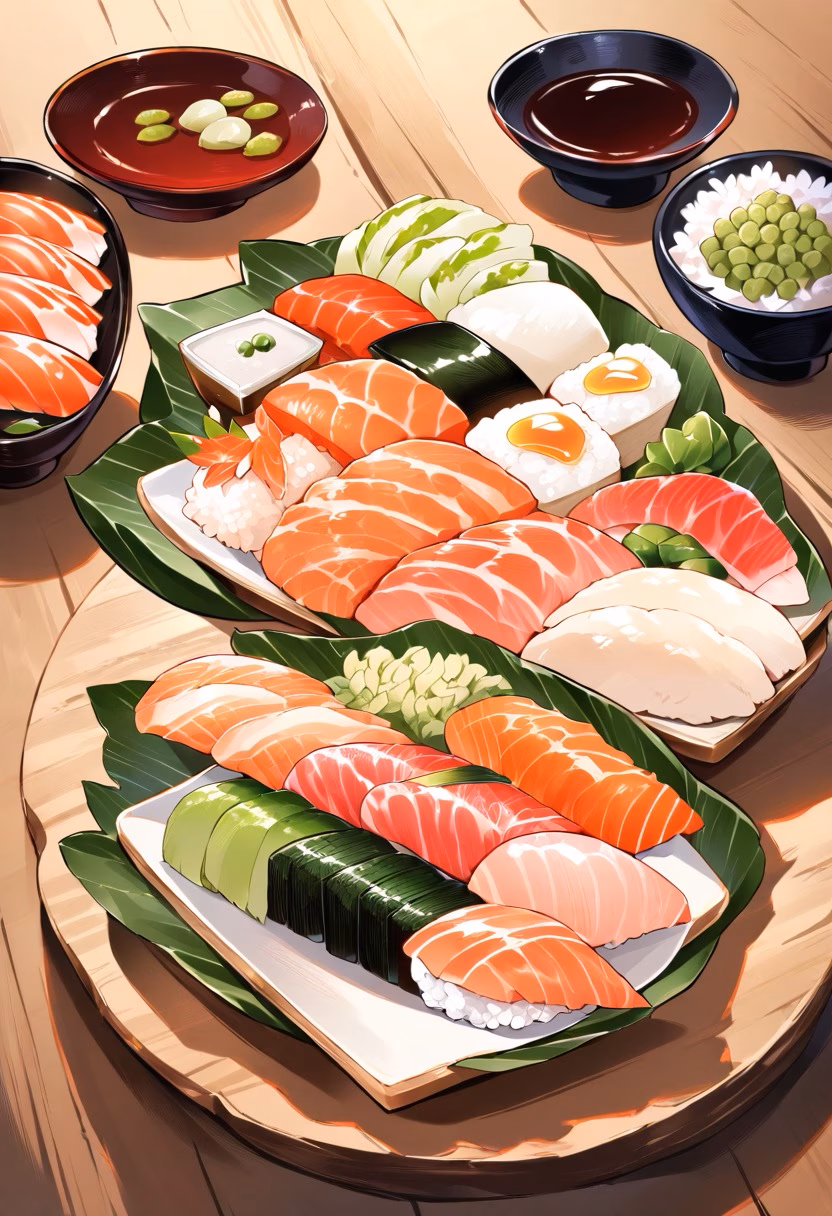 Assorted Sushi Platter — view 1 — sushi platter, assorted nigiri, wasabi, soy sauce dish, wooden board, japanese cuisine, detailed rice texture, masterpie