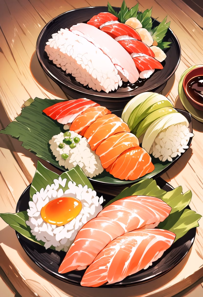 Assorted Sushi Platter — view 2 — sushi platter, assorted nigiri, wasabi, soy sauce dish, wooden board, japanese cuisine, detailed rice texture, masterpie