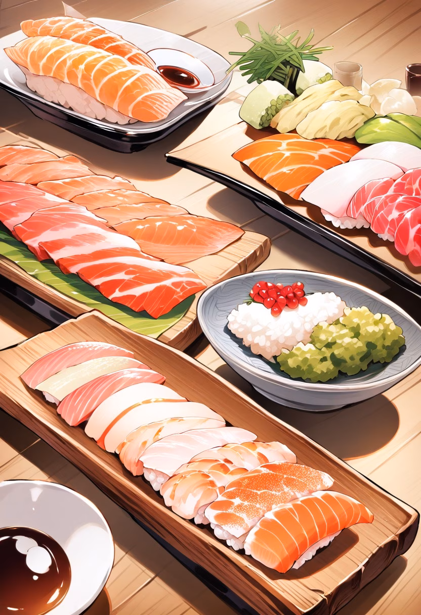Assorted Sushi Platter — view 3 — sushi platter, assorted nigiri, wasabi, soy sauce dish, wooden board, japanese cuisine, detailed rice texture, masterpie